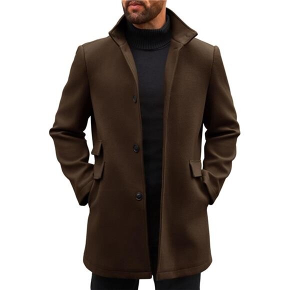Mens Pea Coats Single Breasted with Pockets Coffee - Picture 1 of 5